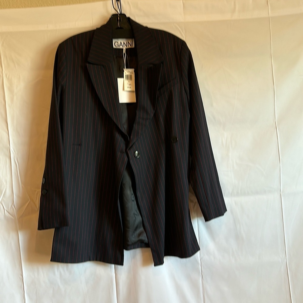 GANNI, Jacket. Black with Red Strip, slit on sides. New. Size 36.